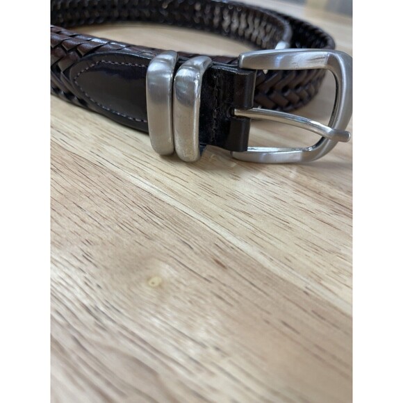 Mens 100% Leather Woven Belt. Heavy Silver Buckle Sz 42‎ Some wear on inside - Picture 1 of 7